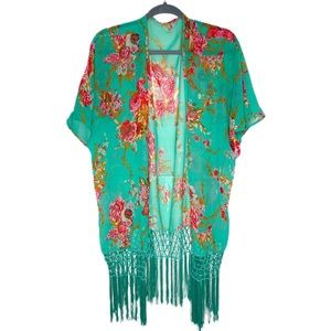 Teal and pink fringe coverup kimono